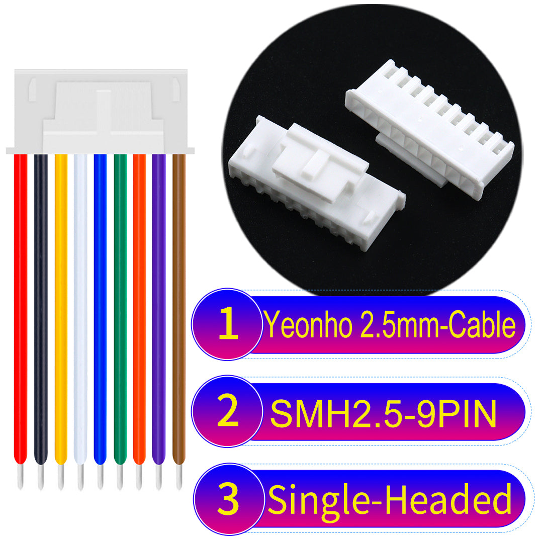 yeonho SMH250 2.54mm 9Pin single-headed cable, UL1007-certified PVC and 22AWG copper core, suitable for multiple devices.