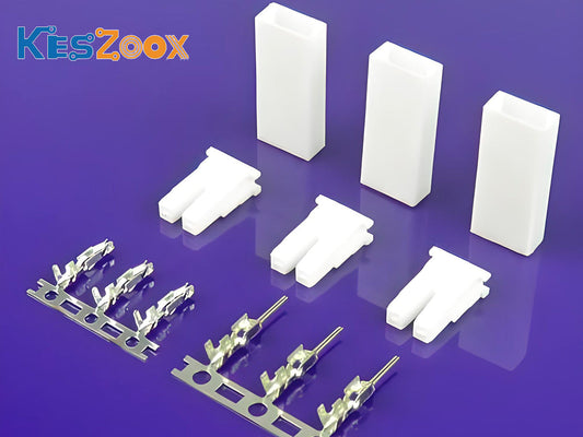 JST BHS 3.5mm connector complete set — BHSMR-02VS and BHSR-02VS-1 white PA66 housings, SBHSM-002T-P0.5 pin contacts and SBHS-002T-P0.5A socket contacts on carrier strip, purple background, Keszoox