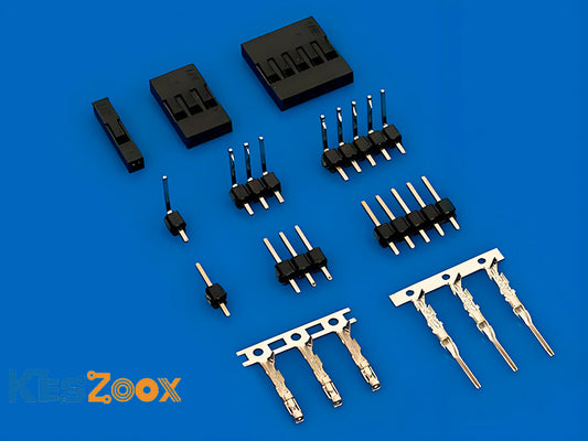 DuPont 2.54mm connector components — black female housings in 1/2/4/6-pin, 2.54mm through-hole pin headers, female and male crimp terminals on strip, complete DuPont connector kit on blue background