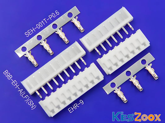 JST EH 2.5mm connector components — EHR-9 white receptacle housing, B9B-EH-A top entry PCB header, and SEH-001T-P0.6 crimp terminals on carrier strip, blue background, Keszoox