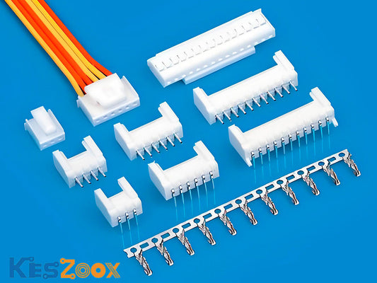 HY2.0 connector complete system (Yeonho SMH200 / 20037-HNN) — white SMH200 wire housings in 2-pin to 12-pin configurations, 20037WR through-hole PCB wafers, and YST200 crimp terminals on carrier strip, blue background, Keszoox