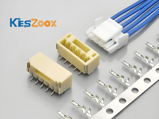JST GH 1.25mm connector components — BM-GHS SMD PCB headers, GHR plug housing with pre-crimped blue cable assembly and SSHL-002T crimp terminals on grey background — Pixhawk standard connector kit