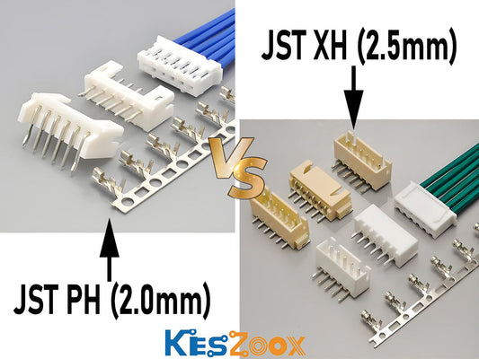 JST PH 2.0mm vs JST XH 2.5mm connector side-by-side comparison showing housings, PCB headers and crimp terminals — visual guide to telling PH and XH apart