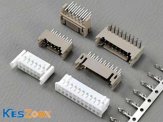 JST PHD 2.0mm dual-row connector complete system — B-PHDSS shrouded top-entry and side-entry headers, PHDR white socket housings, and SPHD crimp terminals on carrier strip, Keszoox