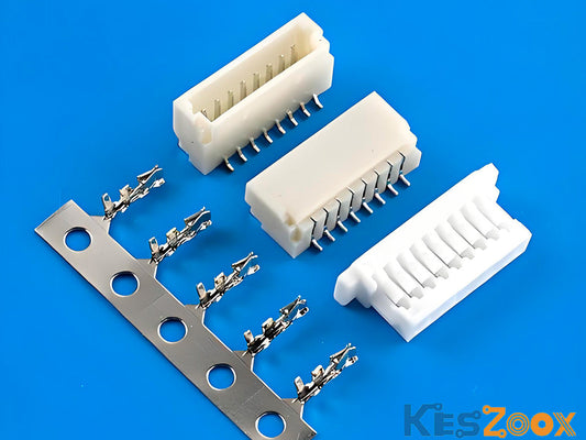 JST SH 1.0mm connector components — SHR plug housing, BM-SRSS SMD PCB header and SSH-003T crimp terminals on blue background — complete JST SH 1.0mm connector kit