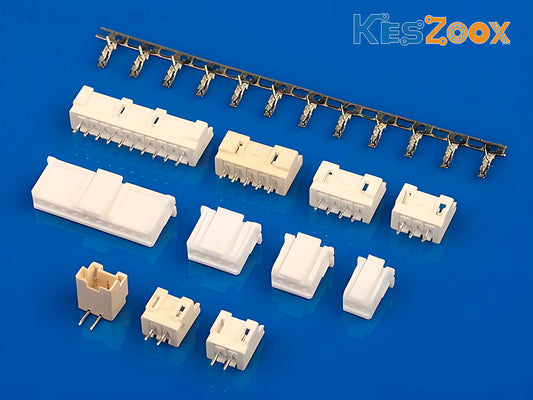 JST XA 2.5mm connector complete system — XARR receptacle housings, XARP plug housings, XMS retainers and SXAM crimp terminals on carrier strip, assorted pin counts 2–12P, blue background, Keszoox