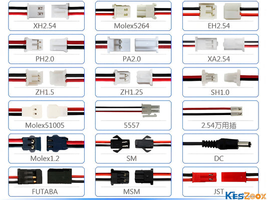 Keszoox connector cable assemblies overview — JST XH, PH, ZH, SH, Molex 51005, SM, DuPont 2.54mm and more connector series with pre-crimped red/black wire harnesses on white background