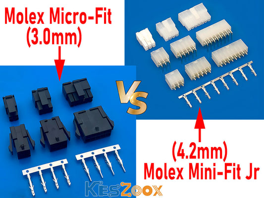 Molex Micro-Fit 3.0 (3.0mm) vs Mini-Fit Jr. (4.2mm) connector comparison — housings, PCB headers and crimp terminals side by side