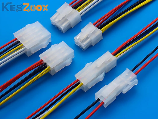 Molex Mini-Fit Jr. 4.2mm wire harness connectors with red, yellow, black and white cables on blue background — high-current Molex connector identification guide