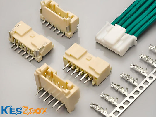 JST PA 2.0mm connector complete system — beige B-PA through-hole PCB headers in multiple pin counts, PAP plug housings with green cable assemblies, and SPAL crimp terminals on carrier strip, Keszoox
