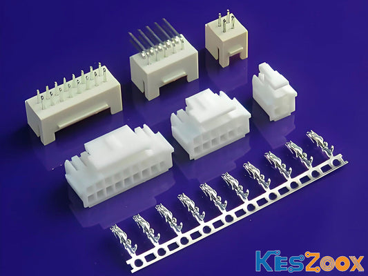 PHB2.0 connector complete system (Yeonho SMAW200 / SMH200-NNC) — white dual-row SMH200-NNC belt lock wire housings, SMAW200 SMT wafers, SMW200 DIP wafers in multiple pin counts, and YST200-C crimp terminals on carrier strip, blue background, Keszoox