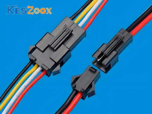 JST SM 2.5mm wire-to-wire connector — black SMR receptacle and white SMP plug housings with arm lock latch tabs visible, multicolor wire leads, white background, Keszoox