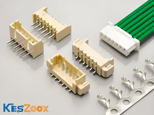 Molex PicoBlade 1.25mm connector complete system — 51047 plug housings, through-hole vertical and right-angle PCB headers, 50058/50079 crimp terminals on carrier strip, and pre-crimped cable assemblies with green and red wires on grey background