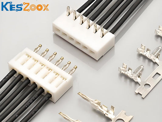 JST SAN 2.0mm connector complete system — white NP-SAN board-in housings in 5-pin and 8-pin configurations with black wire assemblies, SAN-002T-0.8A and SAN-002T-0.8K crimp terminals on carrier strip, grey background, Keszoox