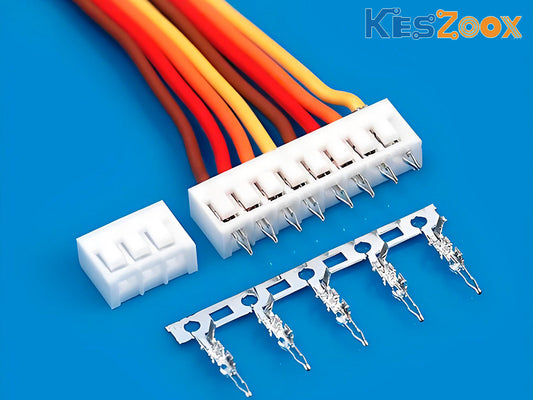 JST SCN 2.5mm board-in connector system — ivory housings in 3P and 9P, SCN-001T crimp terminals on carrier strip, and pre-crimped cable assembly with multicolor wires, blue background, Keszoox