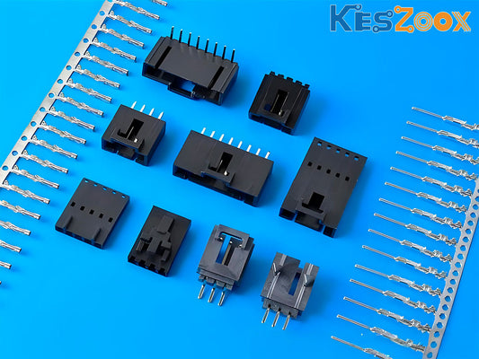 Molex SL Series 70066 connector family — black single-row crimp housings, PCB headers, and SL female crimp terminals at 2.54mm pitch on blue background