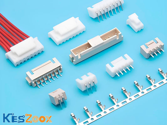 XHS2.5 connector complete system — Yeonho SMH250-NN socket housings, SMH250J-HNNRT pin headers, YST025 crimp terminals on carrier strip, and pre-crimped red wire cable assemblies, blue background, Keszoox