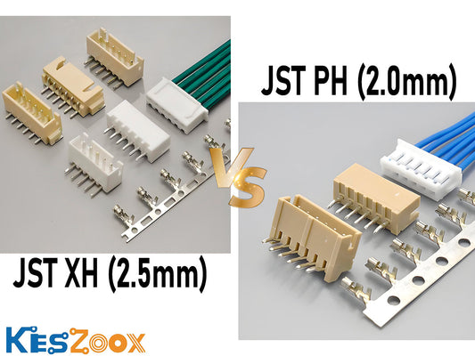 JST XH 2.5mm vs JST PH 2.0mm connector comparison — side by side showing size difference between XH and PH housings, PCB headers and crimp terminals