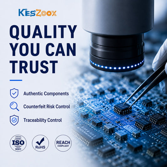 Microscope inspection of PCB SMD components for counterfeit detection — ISO 9001 certified quality assurance at Keszoox authorized electronic component distributor