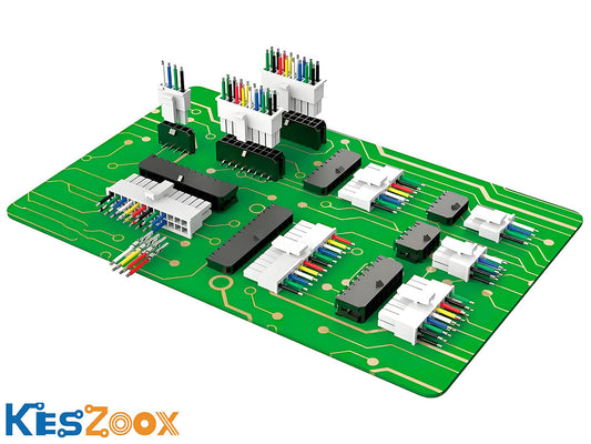 Multiple wire-to-board connector types including JST and Molex series mounted on a green PCB — complete connector type comparison guide