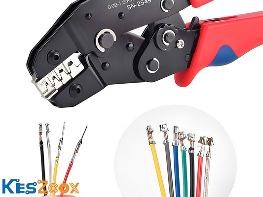 JST crimp terminals, crimped wires and ratcheting crimping tool on white background — essential tools for crimping JST XH PH and SH connectors