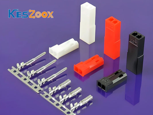 JST RCY SYP 2.5mm connector components — white, red, and black 2-pin SYR receptacle and SYP plug housings with SYM pin and SYF free spring socket contacts on carrier strip, purple background, Keszoox