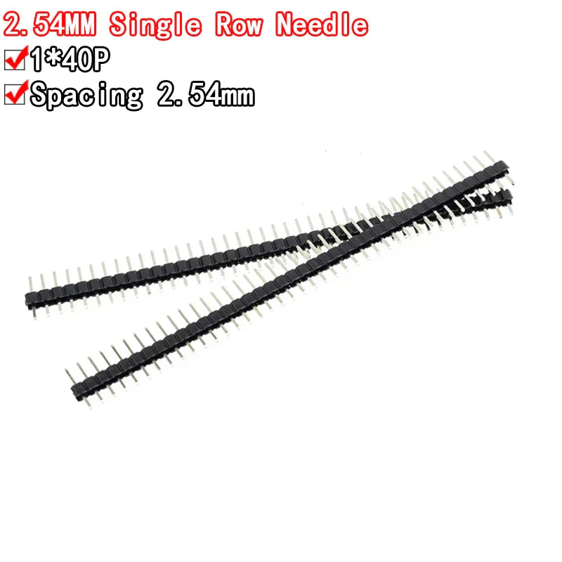 40-pin 2.54mm single row male pin header connector strip, breakable design, ideal for PCB connections and DIY electronics projects