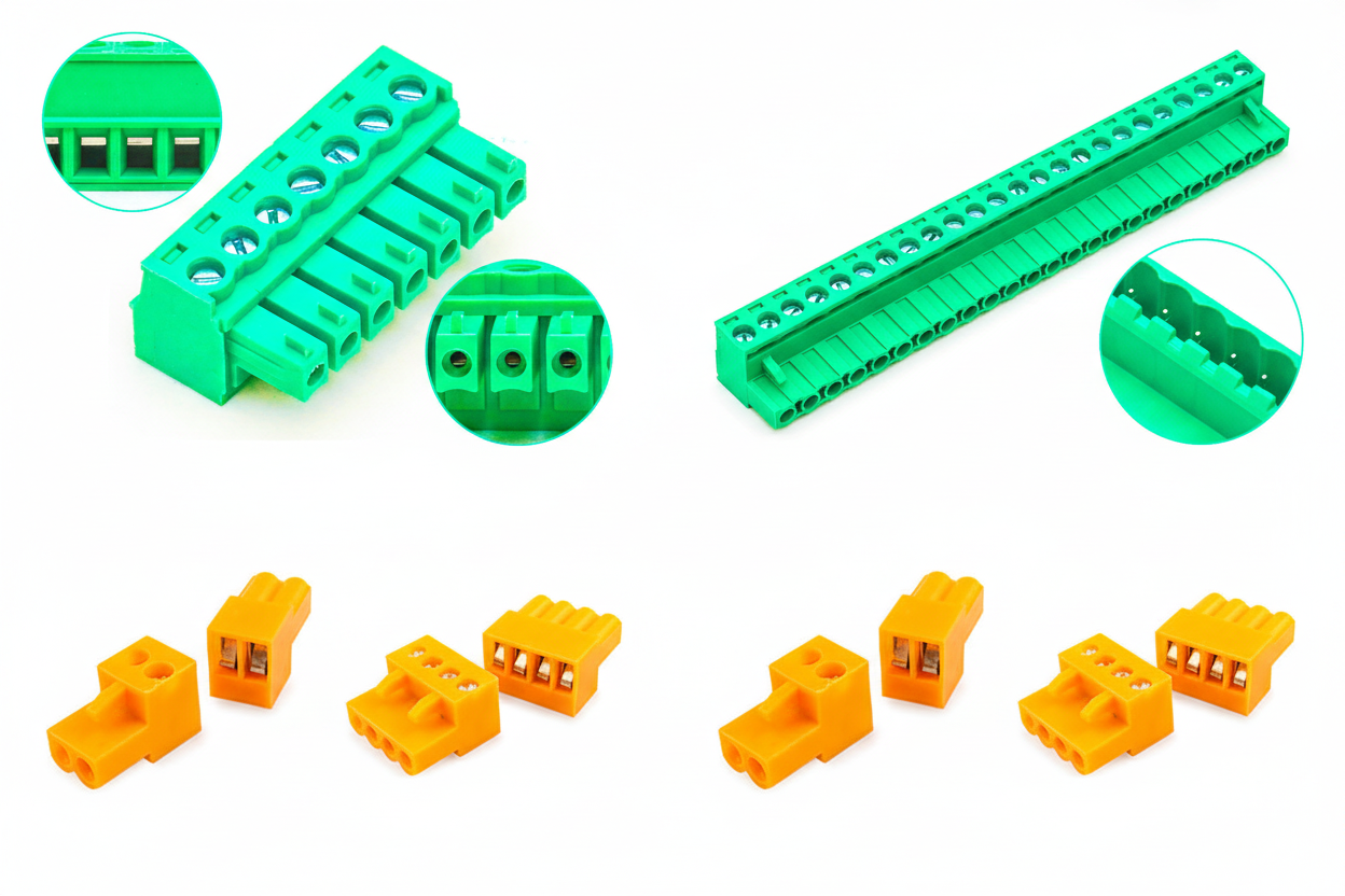 Phoenix Contact pluggable screw terminal block connectors — green 3.5mm MC series, orange 3.96mm and 3.96mm right angle and 5.08mm variants for PCB and industrial wiring