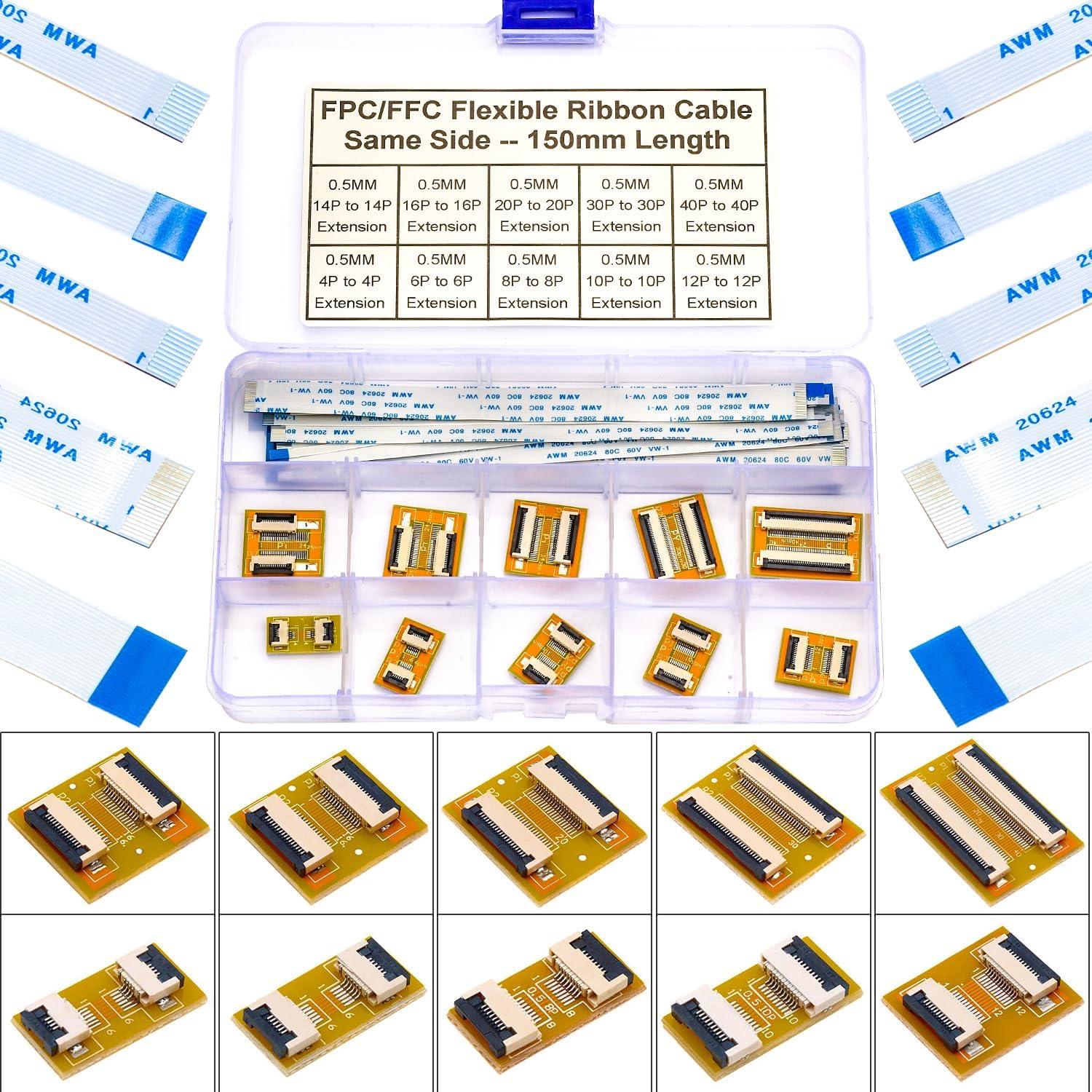 0.5mm Flexible Flat Cable & Extension Connector Aapter Kit, Pin to Pin 4/6/8/10/12/14/16/20/30/40Pin PCB Convert Adapter & 150mm Length FPC FFC Flexible Ribbon Cable.