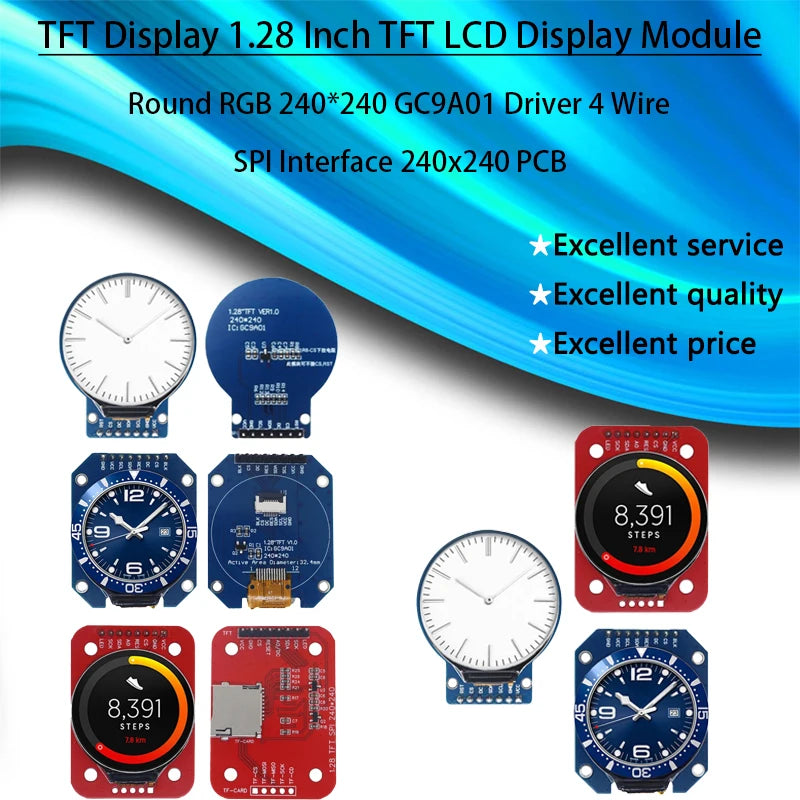 1.28-inch round TFT LCD display module, 240x240 RGB resolution, GC9A01 driver, 4-wire SPI interface, suitable for electronics and DIY projects