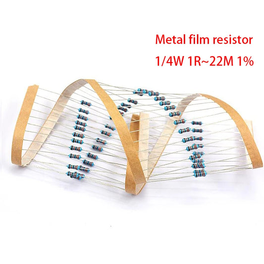 1/4W metal film resistors with 1% tolerance, range 1Ω to 22MΩ, precision resistors for electronics circuits and DIY projects