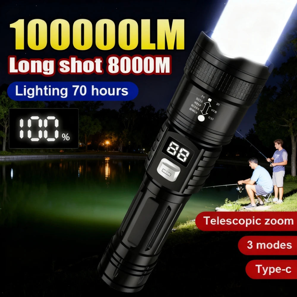 100000LM high power LED flashlight rechargeable torch