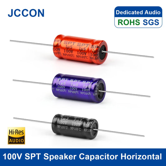 100V horizontal SPT polypropylene audio capacitor, 1.5µF-5.6µF, ideal for speaker frequency divider and crossover circuits