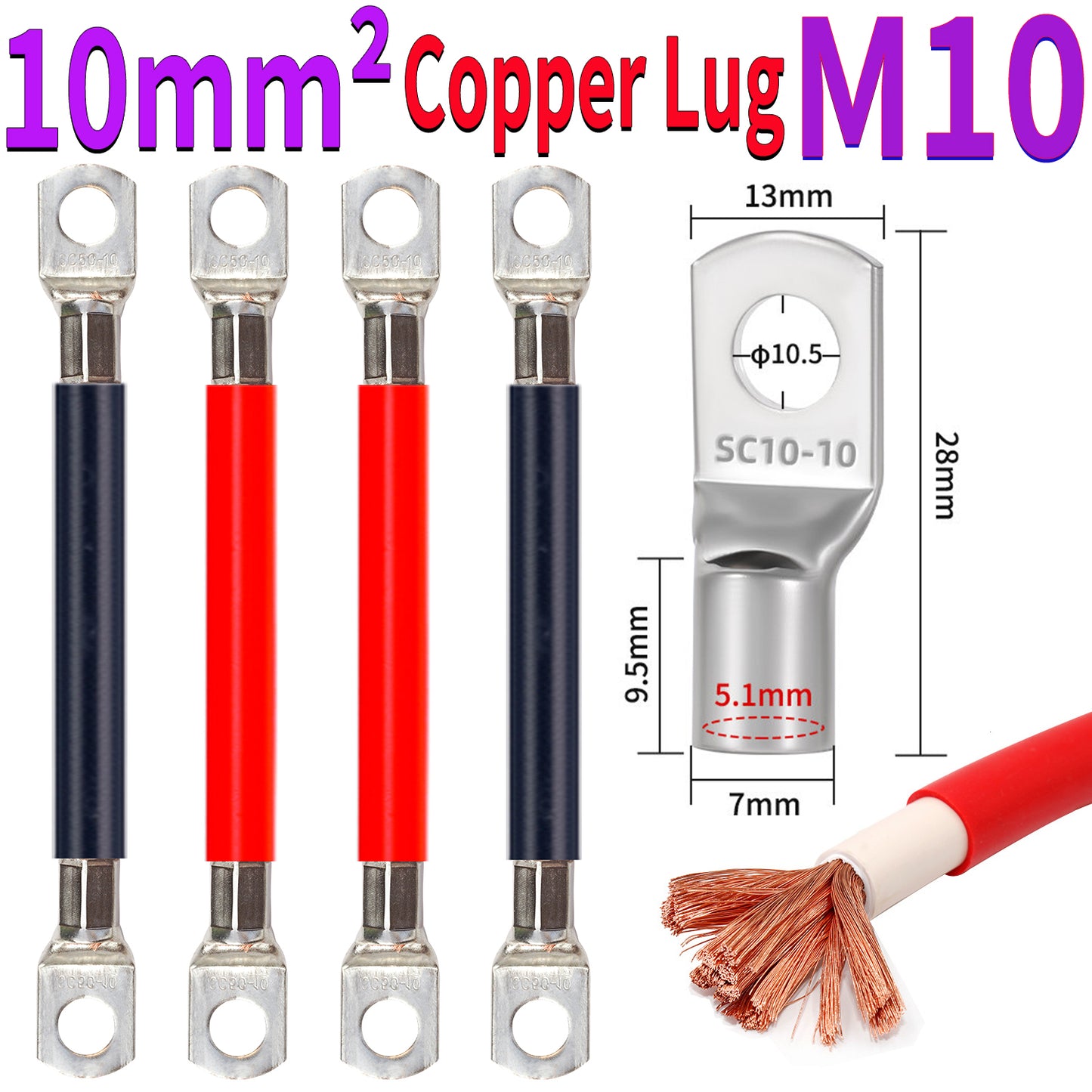 10mm² pure copper cable with M10 ring terminal for power distribution and grounding connections