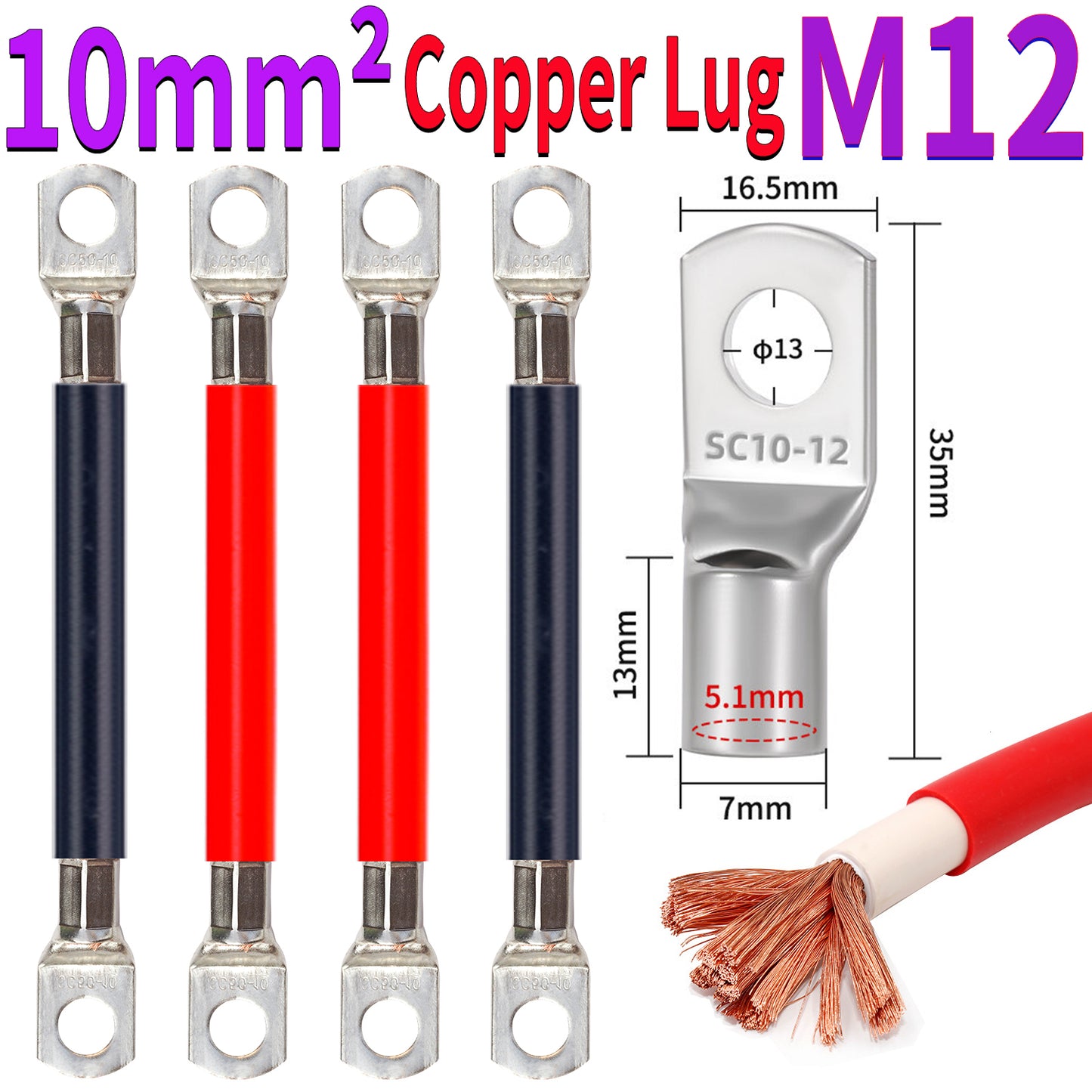 10mm² copper lug power cable with M12 ring terminal used in heavy duty electrical installations