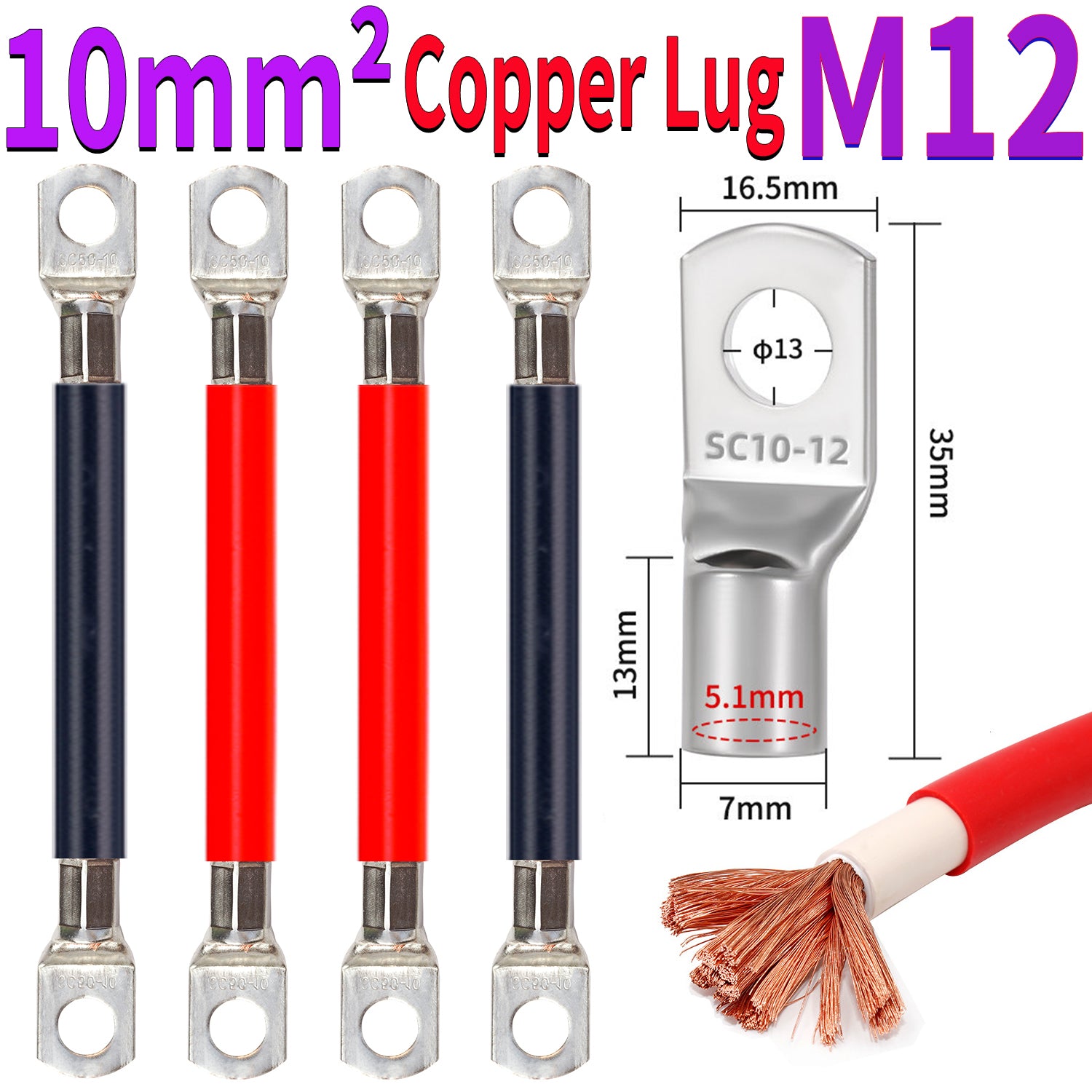 10mm² copper lug power cable with M12 ring terminal used in heavy duty electrical installations