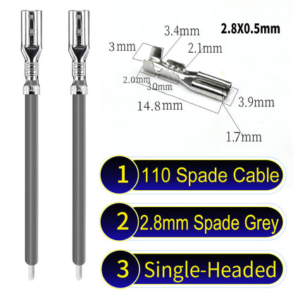 2.8mm both sided white 110 spade cable Grey, tin-plated copper, versatile applications.