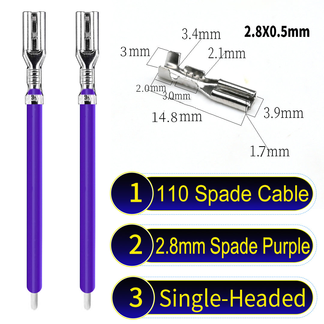 2.8mm both sided white 110 spade cable Purple, tin-plated copper, versatile applications.