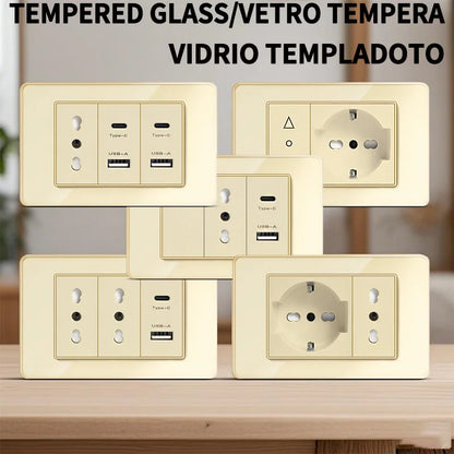 118-style EU/CL dual socket with USB-C PD 20W, tempered glass outlet for Italy and Chile, suitable for home and office use