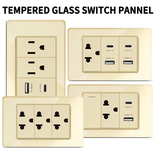 118 series glass panel wall switch socket, US Mexico standard, with USB and Type-C charging ports, 1/2/3/4 gang options