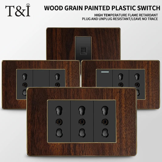 118-Type retro wood grain wall plate with black plastic spray-painted panel for Italy standard switch and socket