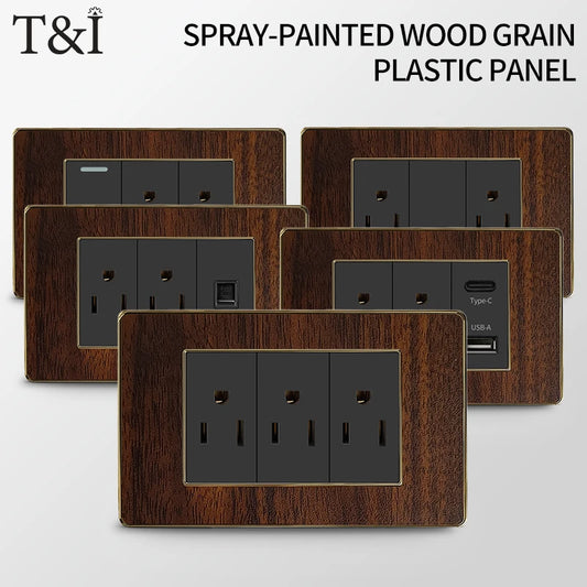 118 type vintage wood grain wall plate with switch, black US standard electrical outlet cover, decorative housing for bedroom