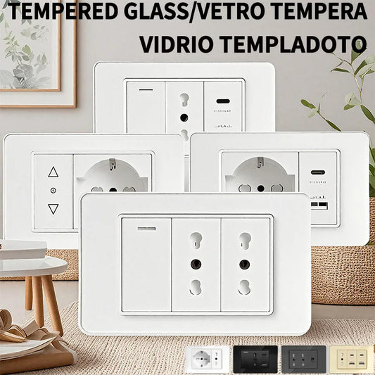 118x75mm Type-C fast charging wall socket with Italy & Chile Schuko outlet, tempered glass panel, type switch