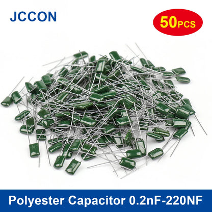 Metalized Mylar polyester film capacitors, 100V, capacitance range 0.22nF–470nF, suitable for electronic circuits, power supplies, and DIY projects