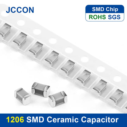 1206 SMD thick film multilayer ceramic capacitors, capacitance range 0.5pF–100µF, voltage 50V, ideal for electronic circuits and DIY projects