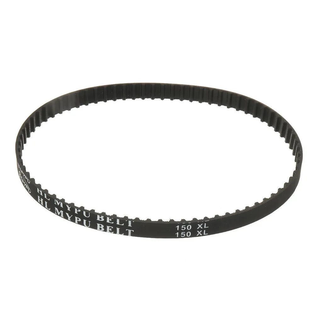Black cogged rubber timing belt 150XL037, 75 teeth, 10mm wide, 5.08mm pitch, ideal for DIY and industrial synchronized drive systems
