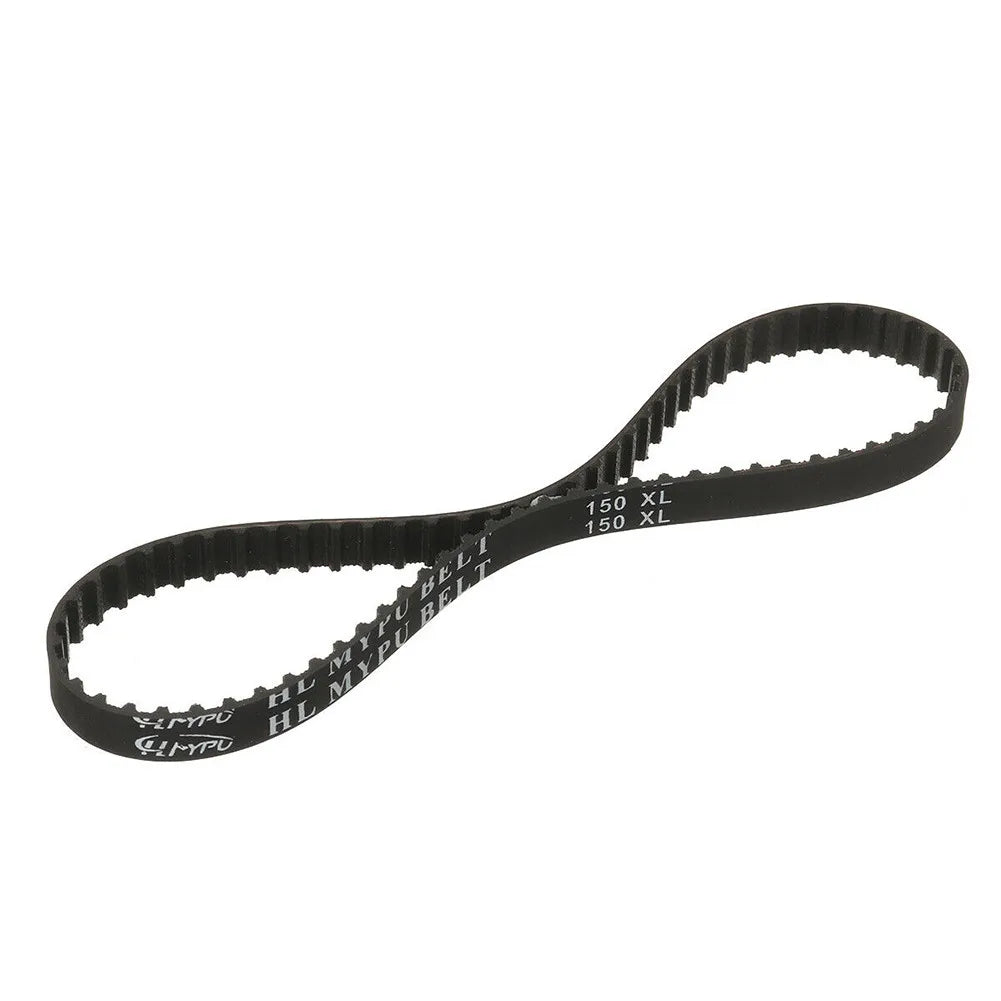 150XL037 timing belt showing cogged teeth, rubber material, 10mm width, and 5.08mm pitch for synchronous drives
