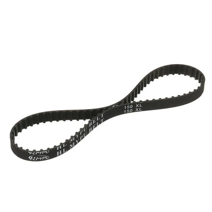 150XL037 timing belt showing cogged teeth, rubber material, 10mm width, and 5.08mm pitch for synchronous drives