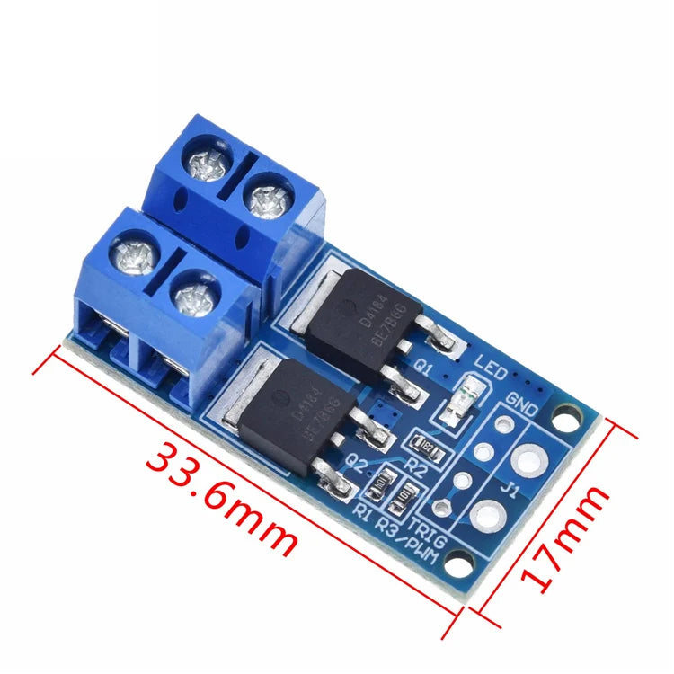 15A 400W MOSFET trigger switch drive module with PWM control panel, compatible with Arduino, ideal for motor control, lighting, and DIY electronics projects