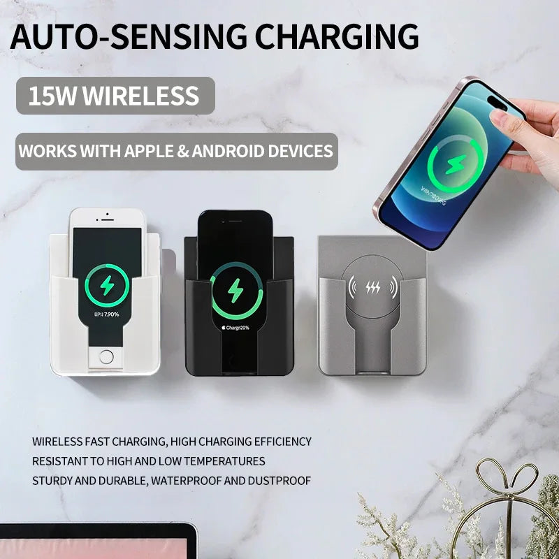 15W wall mount wireless charger, Qi universal fast charging panel for iPhone and Android, flush AC 110–220V in-wall phone charger